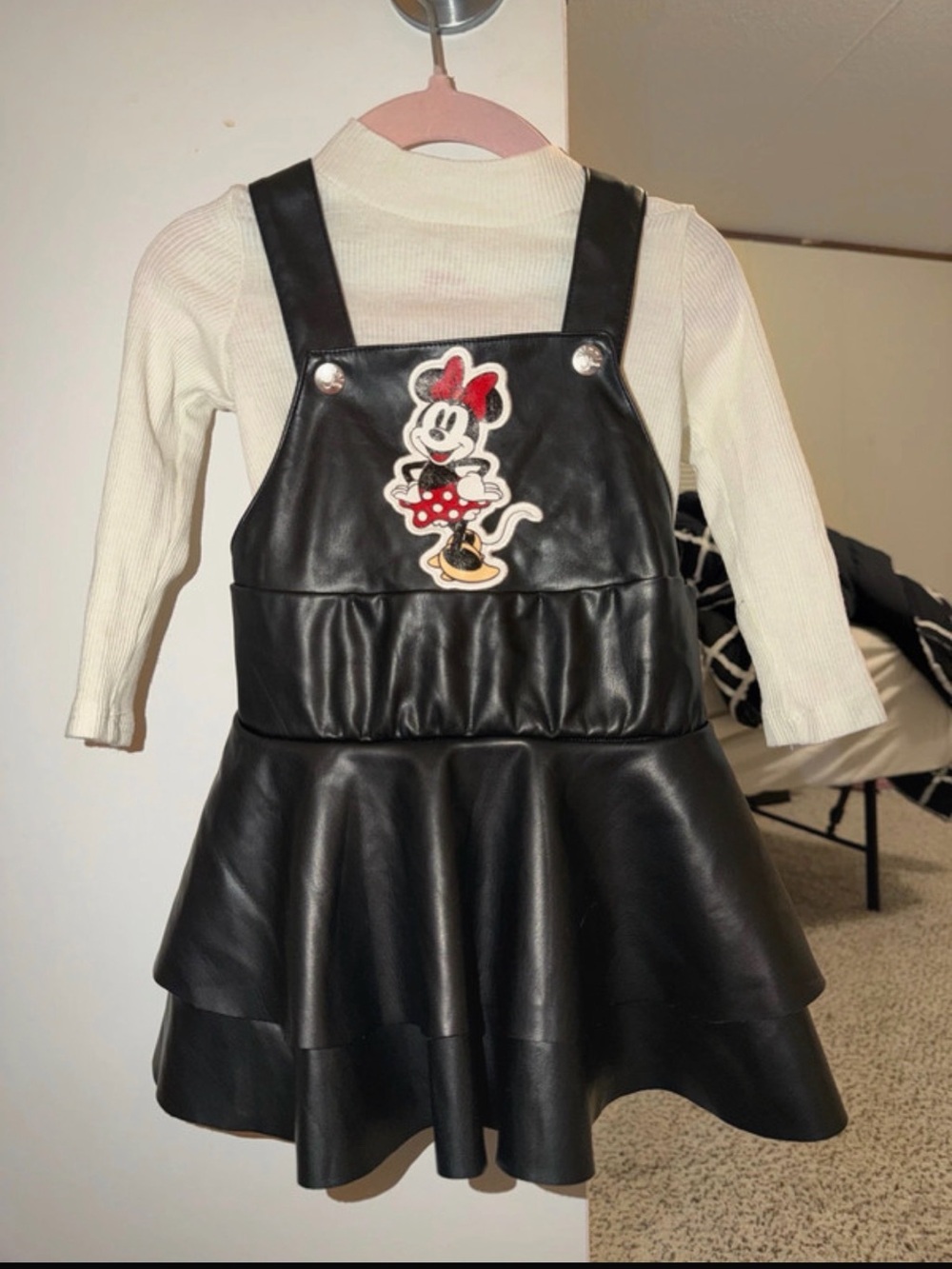 Kids Black Faux Leather Overall Dress